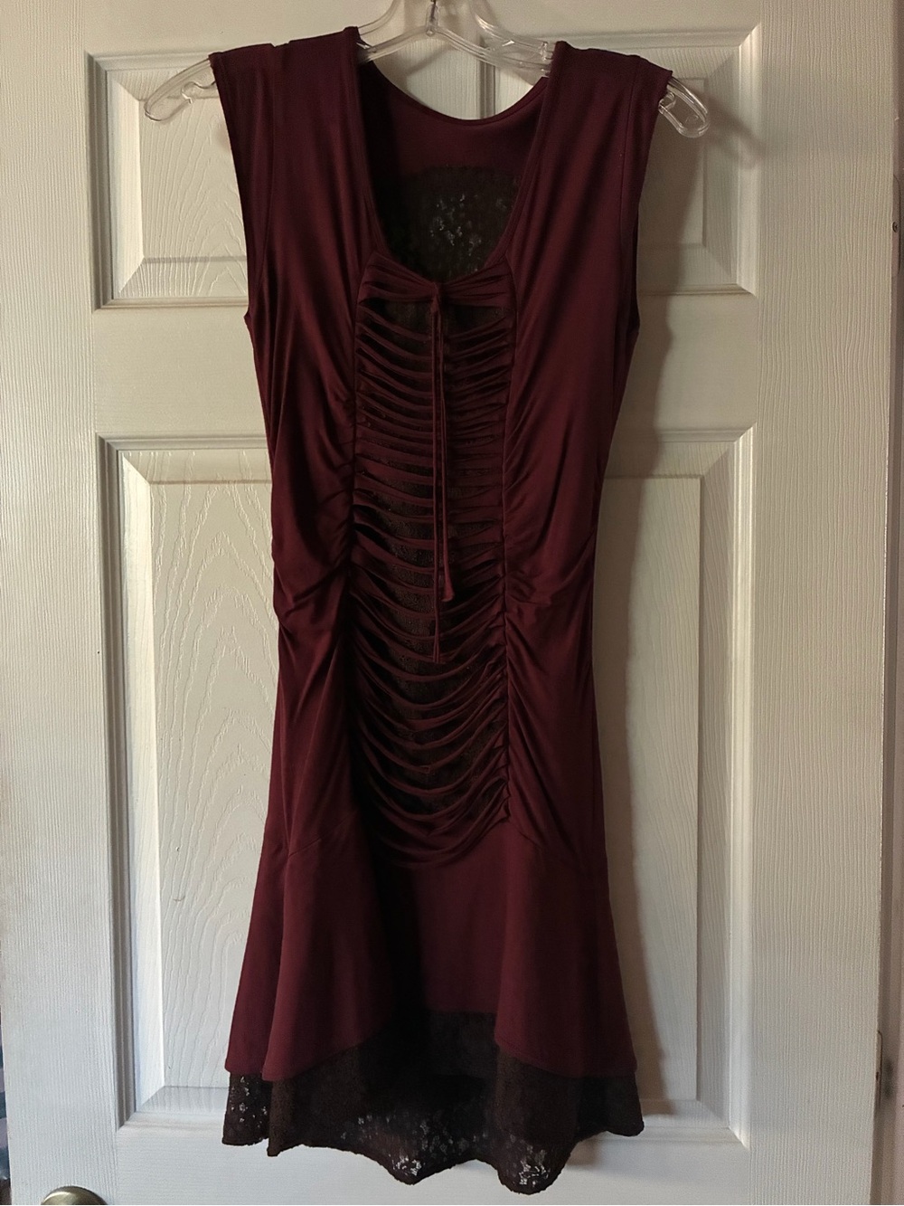Sleeveless High-Low Dress in Burgundy with Ladder Front